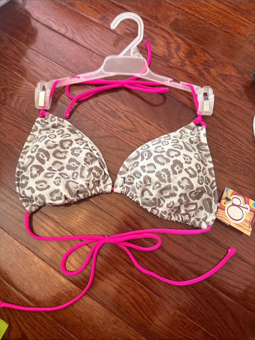 OP Gray Leopard Print Triangle Bikini Top with Hot Pink Ties